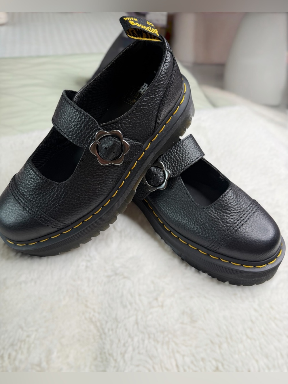 Dr. Martens Black Leather Mary Jane Platform with Yellow Stitching - Picture 4 of 7
